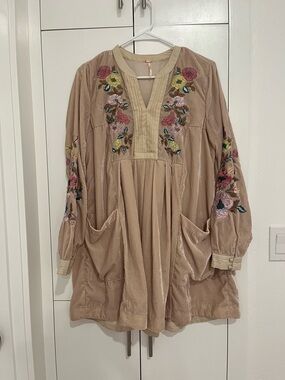 Free People Blush Tan Mini Dress with Multicolor Floral Embroidery